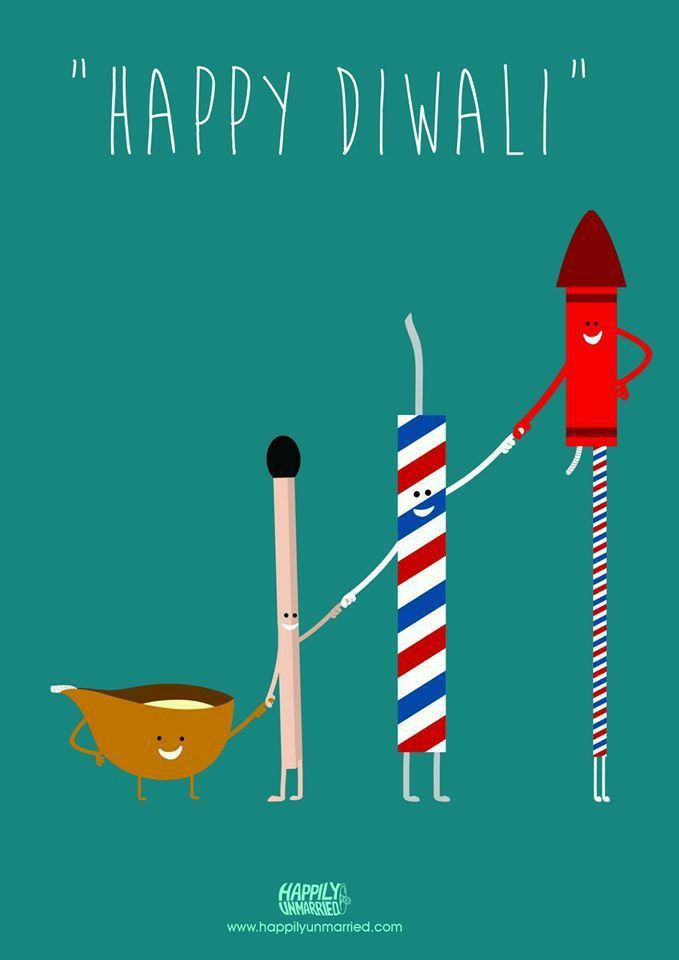 Diwali Poster: Diya, matchstick, cracker and rocket characters holding hands