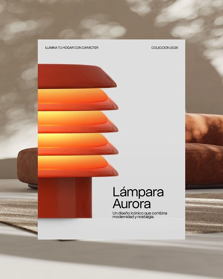 Lighting Stores & Lamps creative ad: A sculptural orange tiered table lamp presented in a modern interior