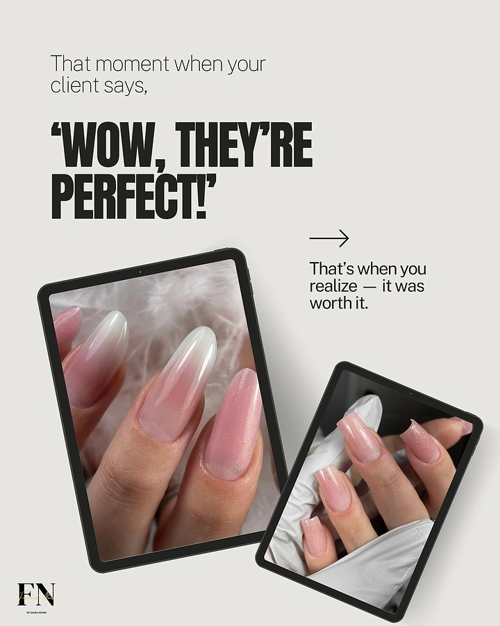 Nail Salons creative ad: Bold client-quote copy with tablet nails