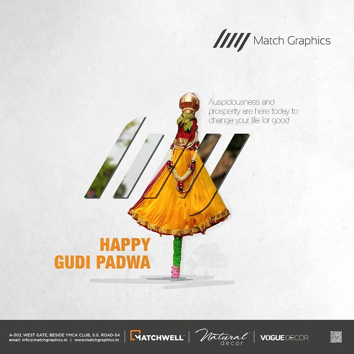 other-festival creative ad: Cut-out photo of a decorated gudi overlapping slanted logo-stripe windows