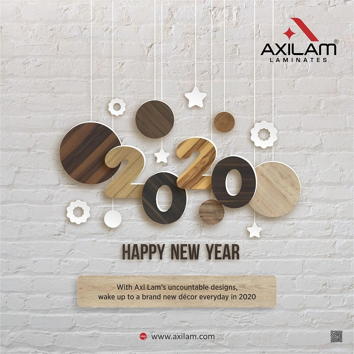 New Year creative ad: Wood-laminate textured 2020 numerals and hanging discs