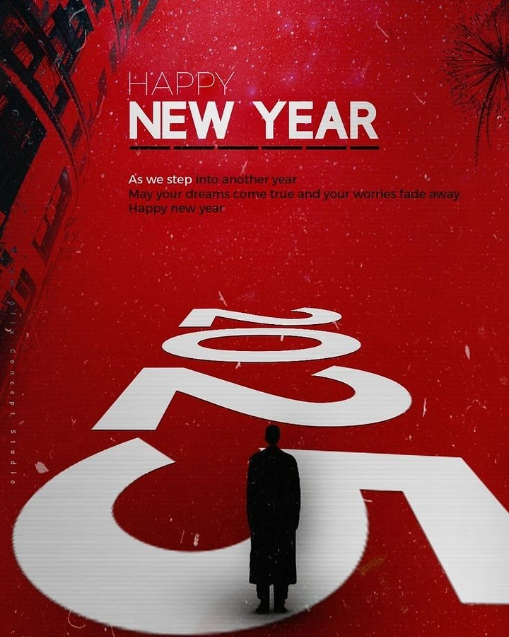 New Year creative ad: Silhouetted man standing on giant white 2025 painted on a red ground