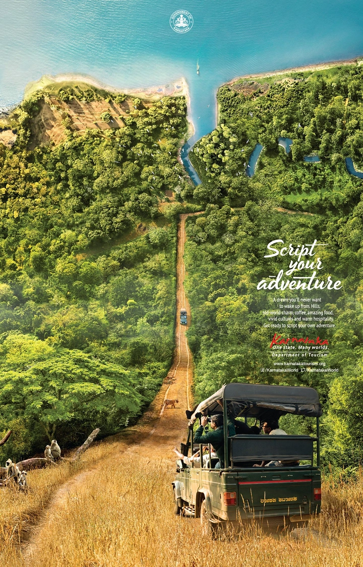Creative ad: Safari jeep on a dirt track that rises into a vertical aerial view of forest, river and coast