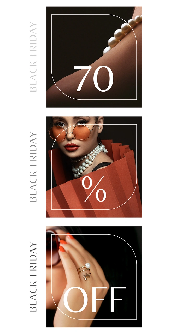 Black Friday creative ad: Pearl jewelry on model close-ups in three stacked tiles