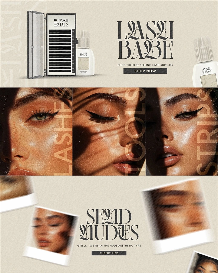 Beauty & Salon creative ad: A luxury lash-supply editorial collage combining product still life, beauty portraits, and scattered photo prints