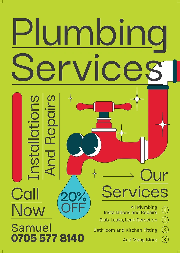 Plumbers creative ad: Pipe from lettering, drop as offer badge