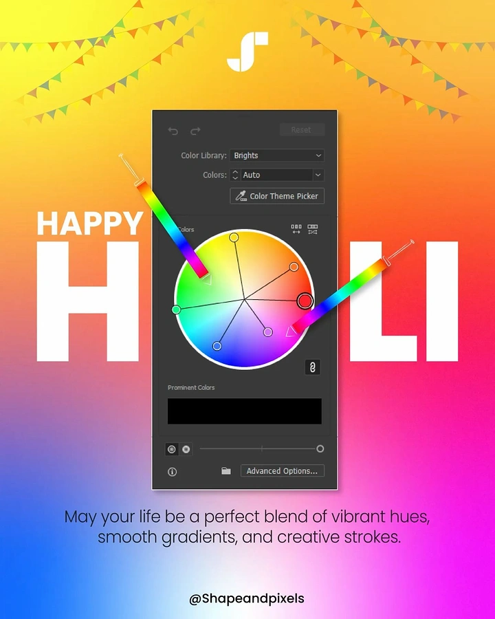 Holi creative ad: Design-software colour-wheel panel standing in for the O in HOLI