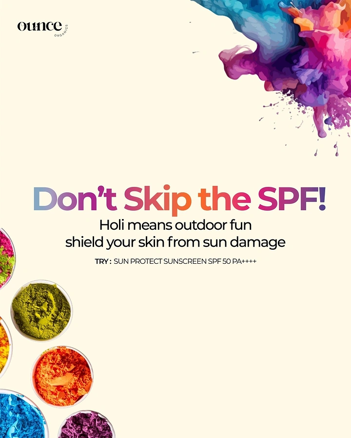 Holi creative ad: Bowls of coloured Holi powder with an ink splash