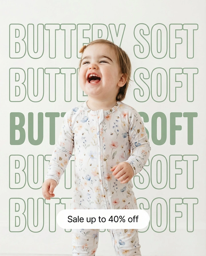 Kids Clothing creative ad: Repeated 'buttery soft' type framing child