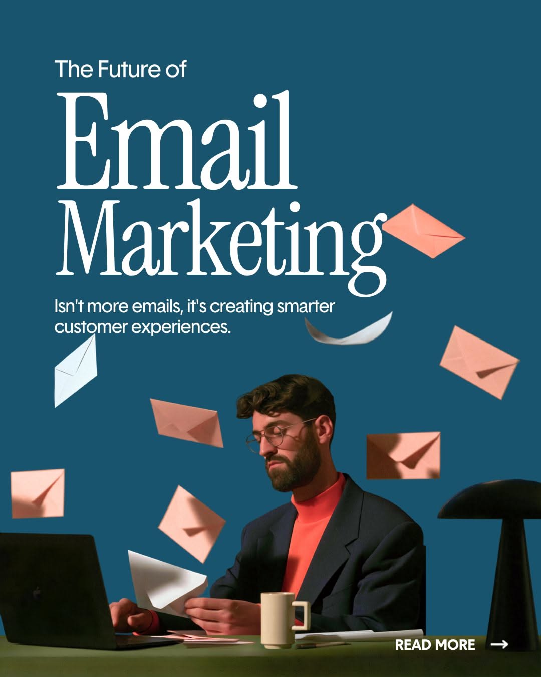 Instagram post: Envelopes flying from laptop, strong editorial style, slide 1