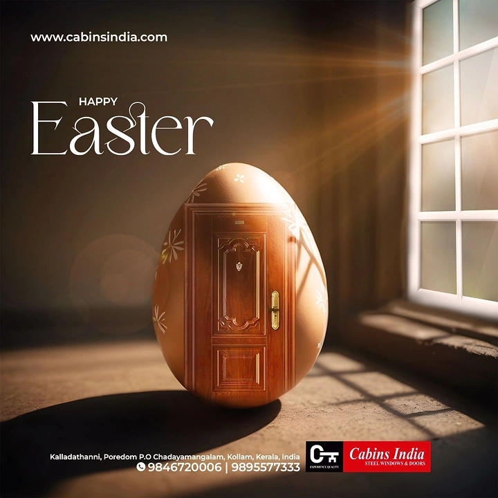 Easter creative ad: Giant egg with a carved wooden door embedded in its surface, lit by window sunlight