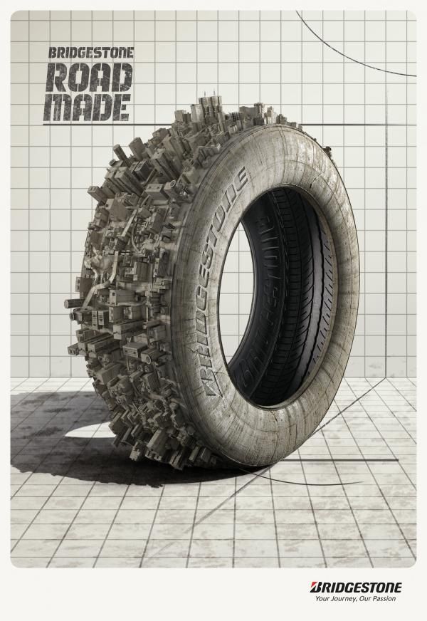 Poster: Tyre whose tread is formed from a dense miniature cityscape