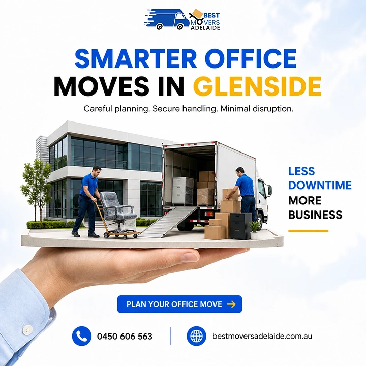 Movers & Packers creative ad: Office building held on palm, moving