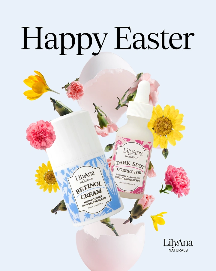 Easter creative ad: Floating skincare bottles bursting from a pink eggshell with flowers