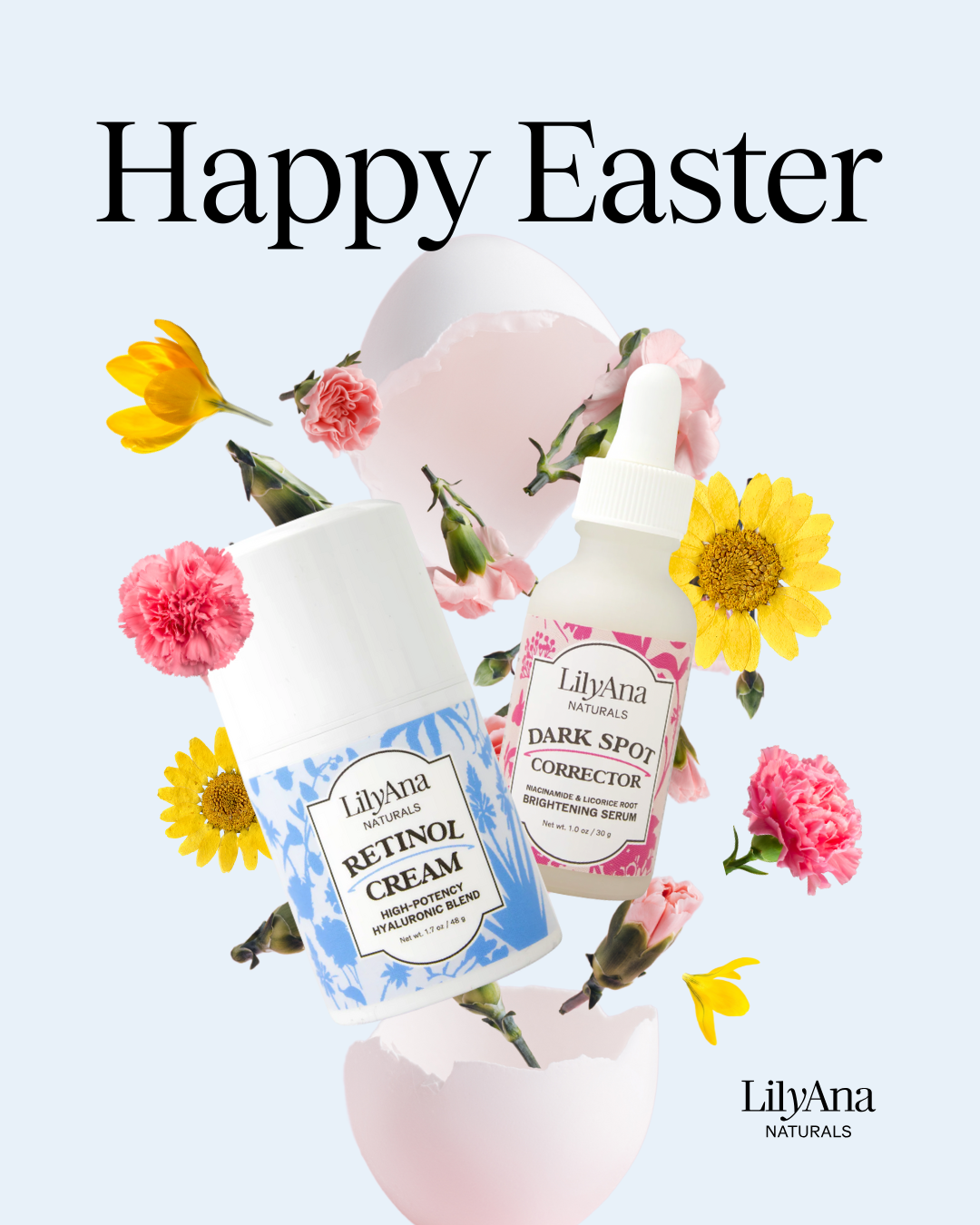 Easter Instagram post: Floating skincare bottles bursting from a pink eggshell with flowers
