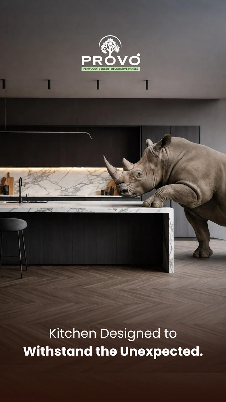 Cement, Steel & Building Materials creative ad: Rhino leaning its front feet on a marble kitchen island