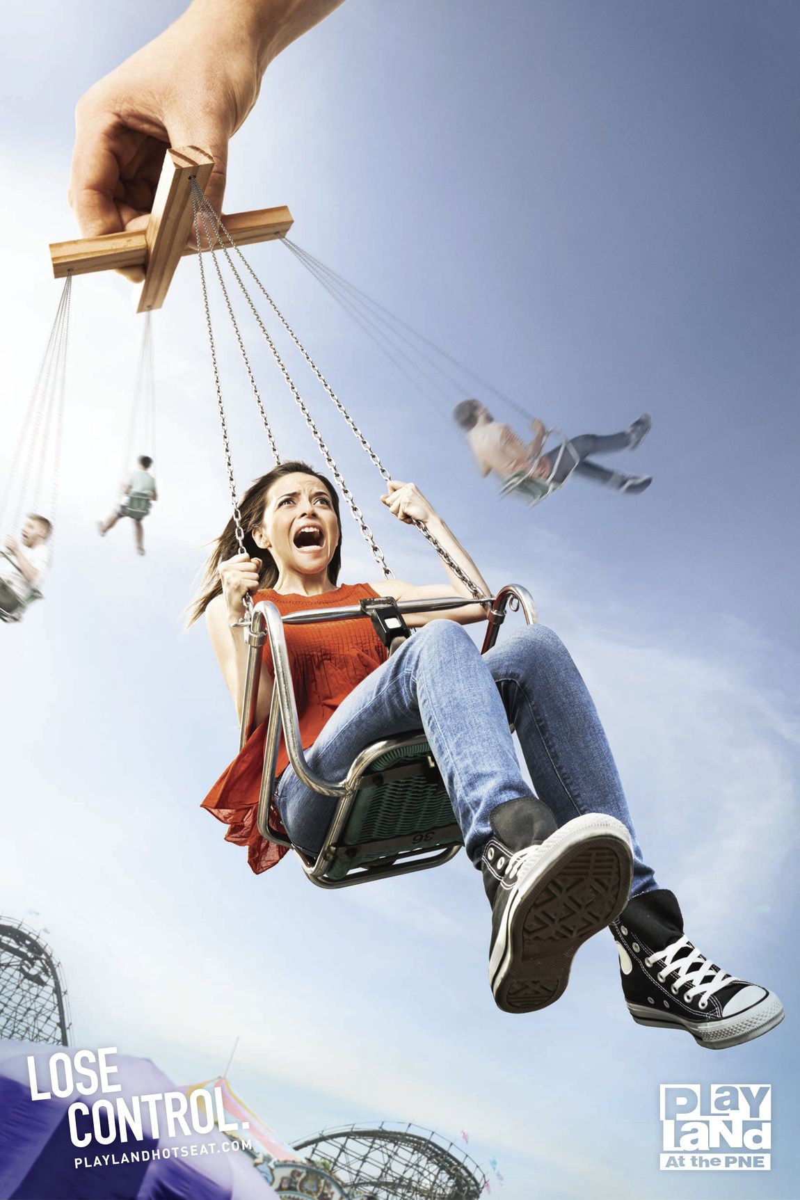 Poster: Screaming woman on a swing ride controlled like a marionette by a giant hand