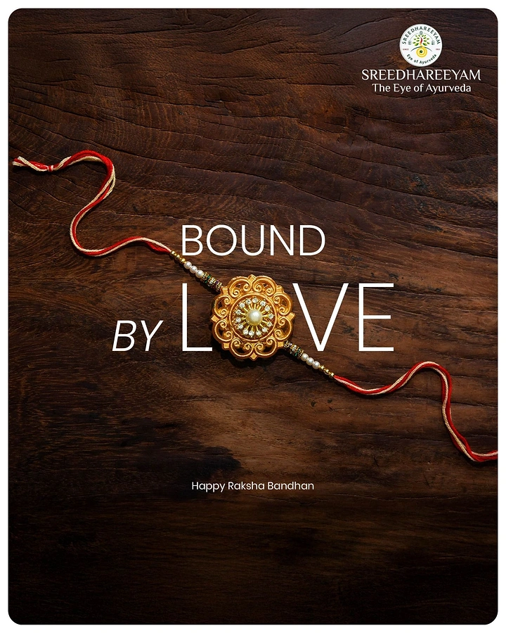 Raksha Bandhan creative ad: Ornate gold rakhi on a dark wooden table