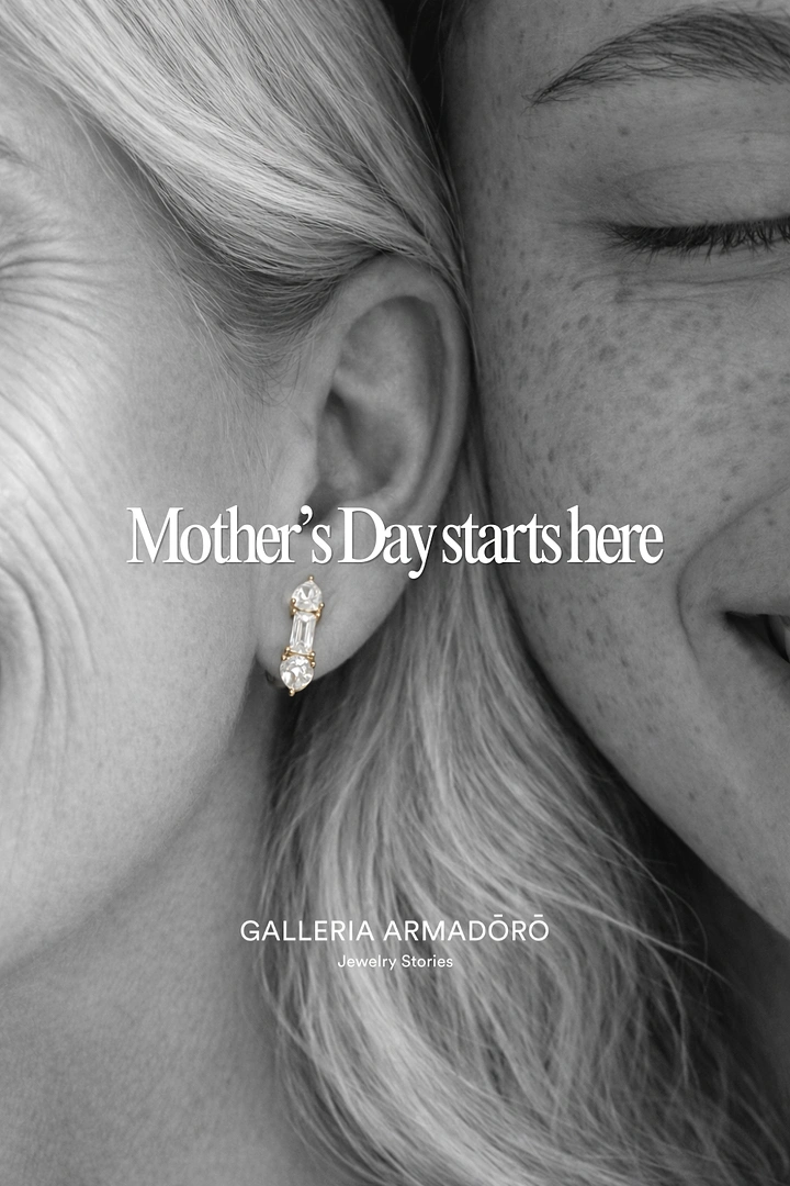 Mother's Day creative ad: Mother and daughter cheek to cheek, with a gold baguette-diamond earring