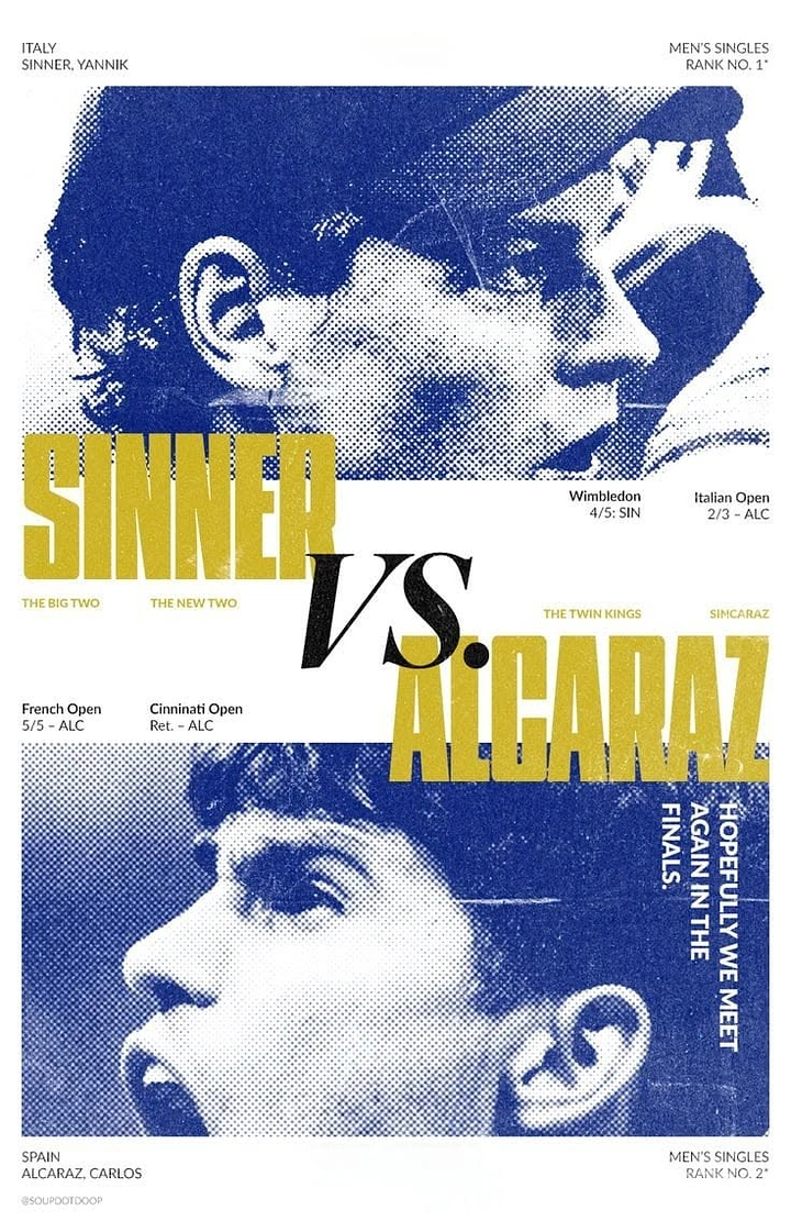 Sports creative ad: Two tennis rivals in halftone duotone close-ups, split top and bottom