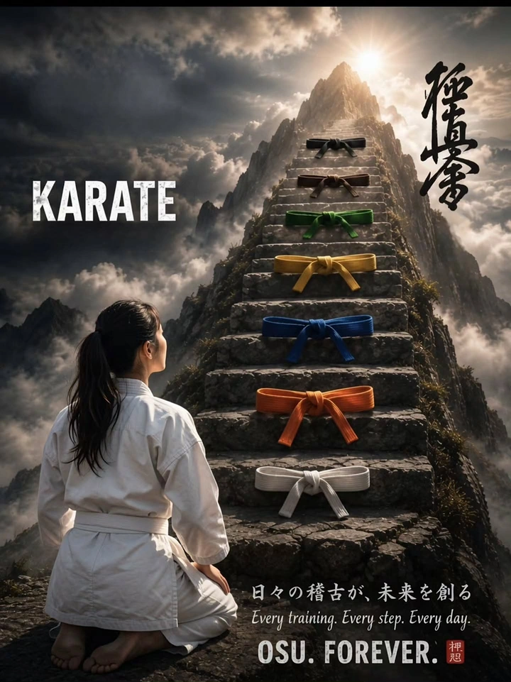 Martial Arts Academies creative ad: Kneeling karateka facing a mountain staircase lined with coloured belts