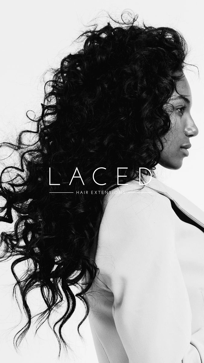 Wigs & Hair Extensions creative ad: Black-and-white profile of a woman with long voluminous curly hair
