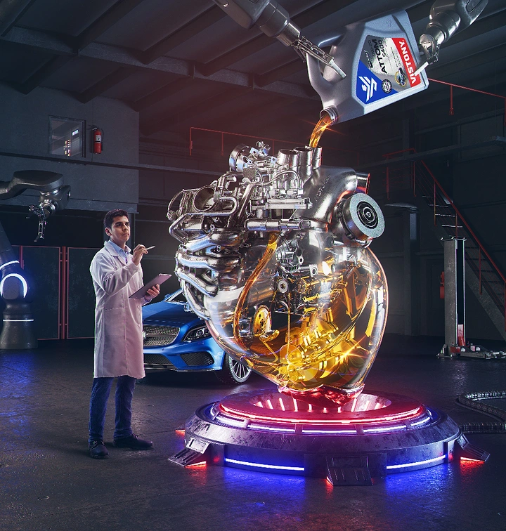 Engine Oil & Lubricants creative ad: Engine transformed into glowing laboratory exhibit