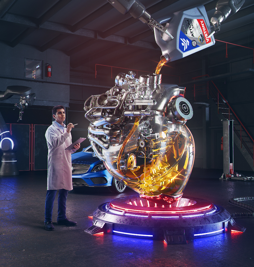 Instagram post: Engine transformed into glowing laboratory exhibit