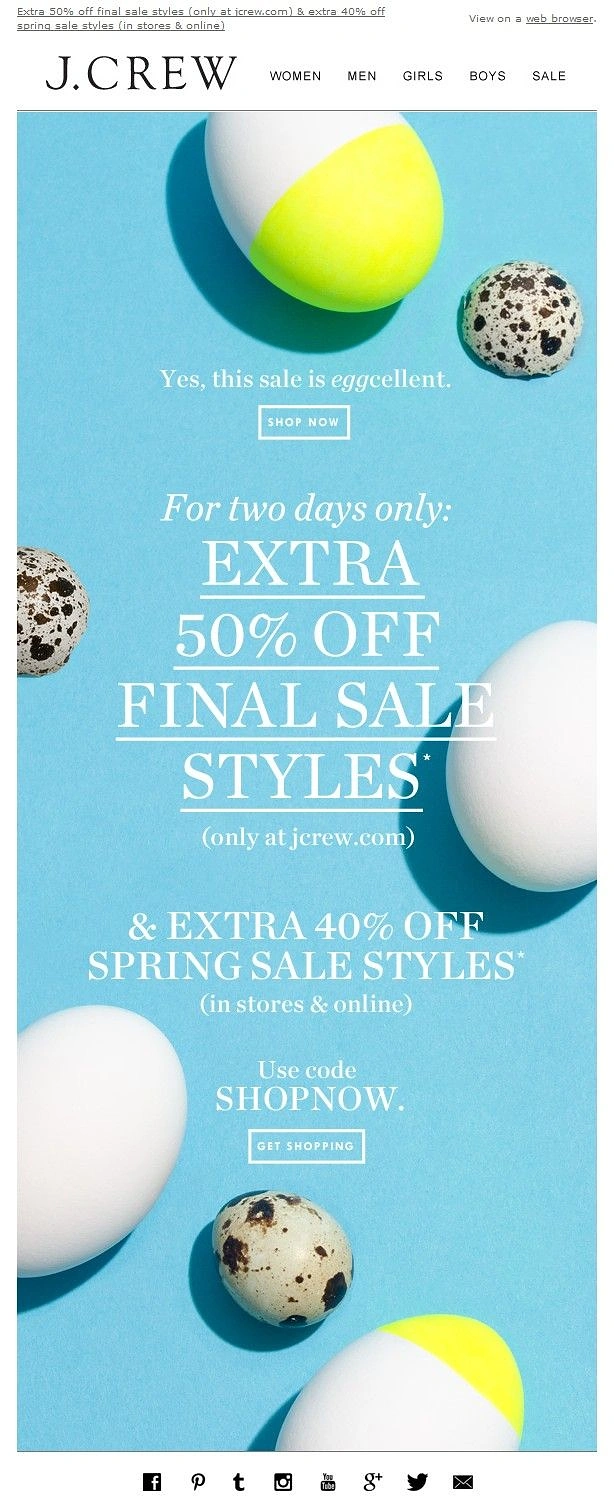 Easter creative ad: Scattered white, quail and neon-dipped eggs on sky blue