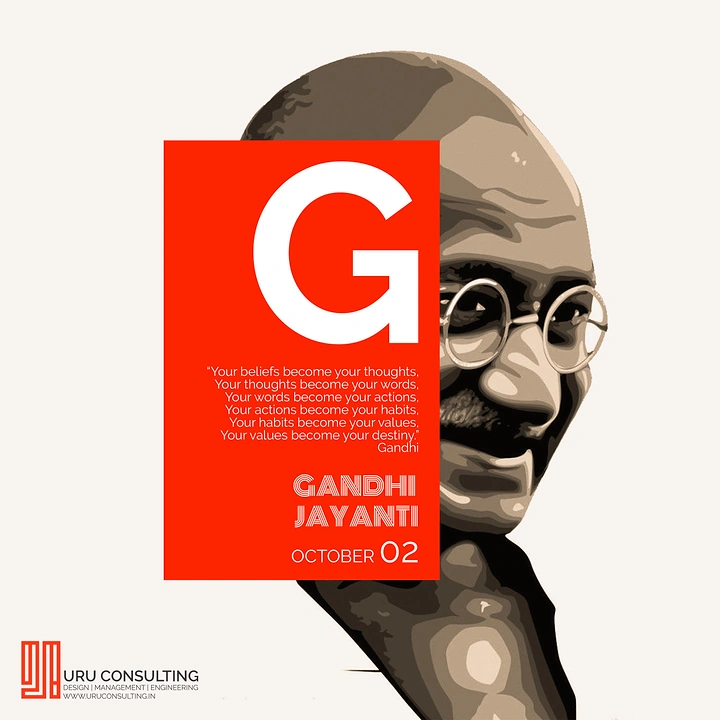 Gandhi Jayanti creative ad: Posterized sepia portrait of Gandhi partly covered by a red panel