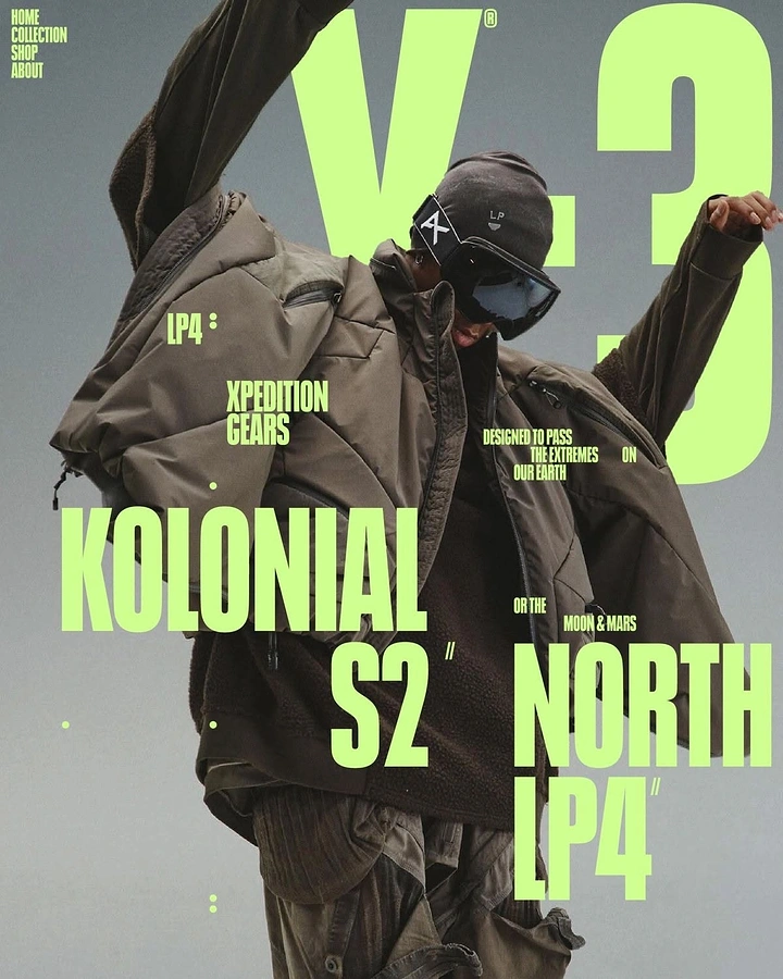 Creative ad: Model in olive technical expedition layers with goggles, arms raised