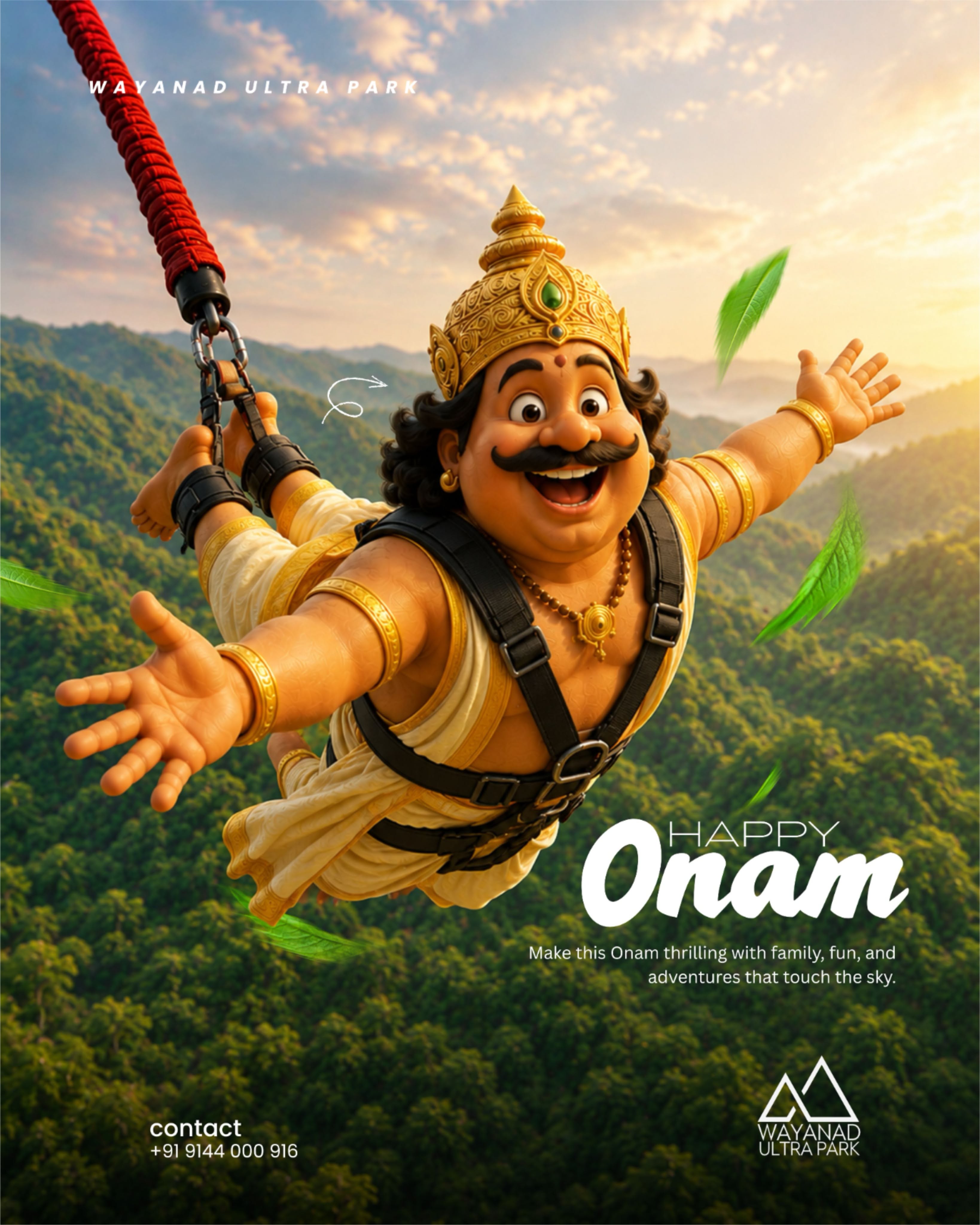 3D cartoon King Mahabali ziplining over forest