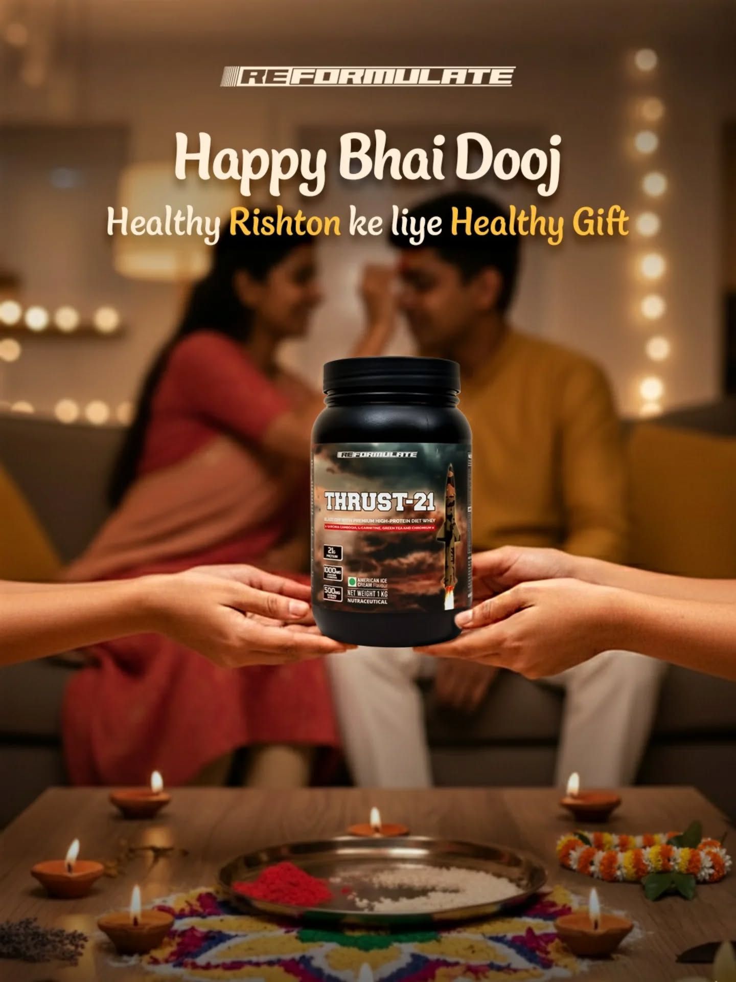 Protein supplement tub handed between two pairs of hands