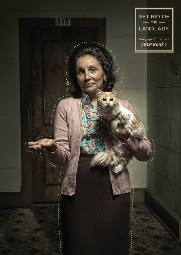 Poster: Stern landlady holding a cat, outlined with a dotted cut-here line
