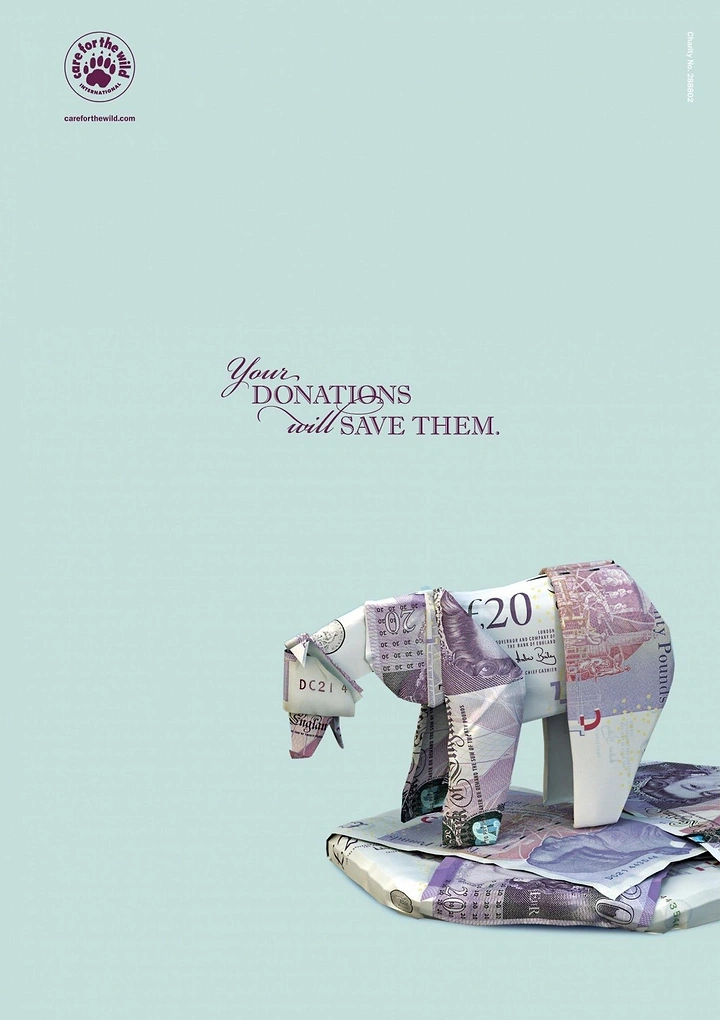 Creative ad: Origami polar bear folded from £20 notes on a banknote ice floe