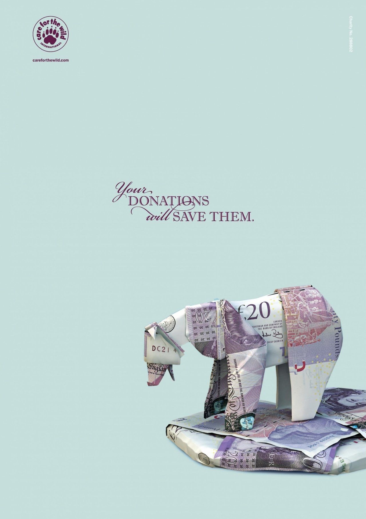Poster: Origami polar bear folded from £20 notes on a banknote ice floe