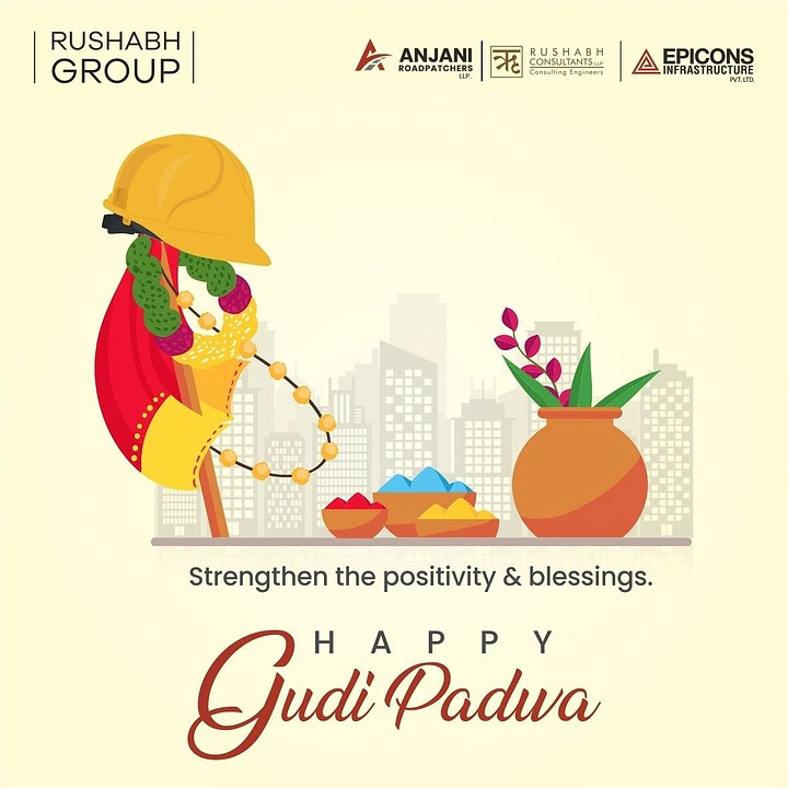 other-festival creative ad: Flat-illustrated gudi topped with a yellow hard hat beside a pot and colour bowls