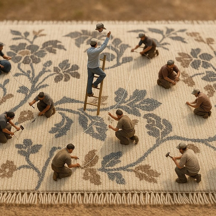 Rugs & Carpets creative ad: Miniature workers weave the rug pattern