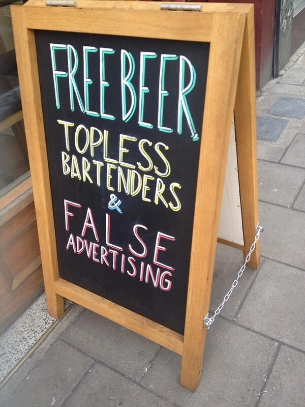 Bars & Pubs creative ad: Clever false-advertising sign uses bar humor