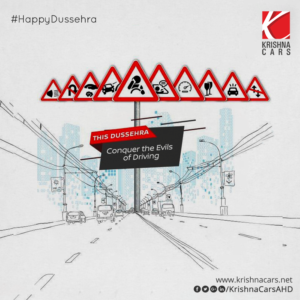 Ten red triangular traffic warning signs on a pole, like Ravana's ten heads, over a sketched highway