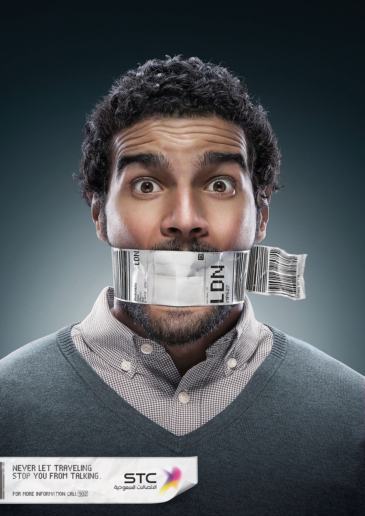 Poster: Wide-eyed man with an airline luggage tag taped over his mouth