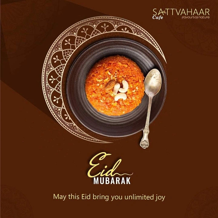 Eid creative ad: Top-down carrot halwa in a dark bowl set inside an ornate crescent moon