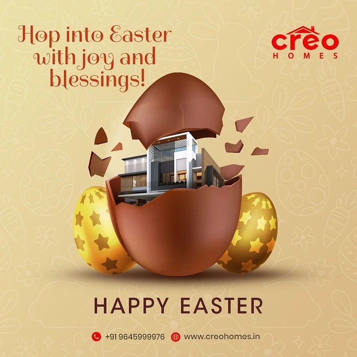Easter creative ad: Modern villa bursting out of a cracked chocolate egg flanked by gold star eggs