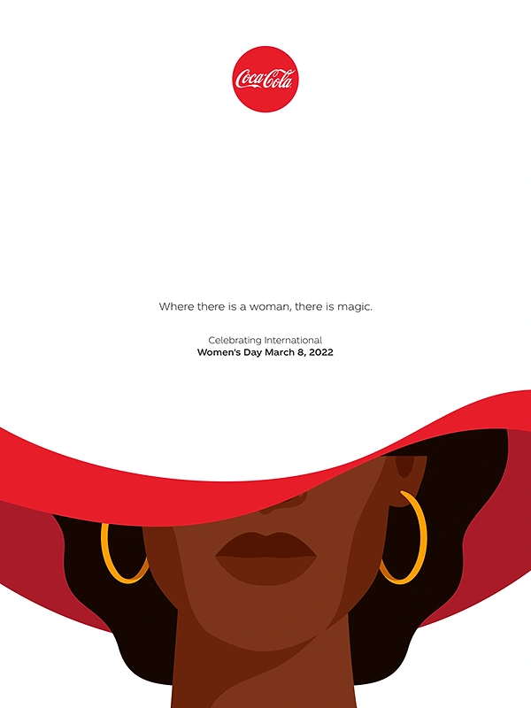 Women's Day creative ad: Flat illustration of a woman under a sweeping red wide-brim hat