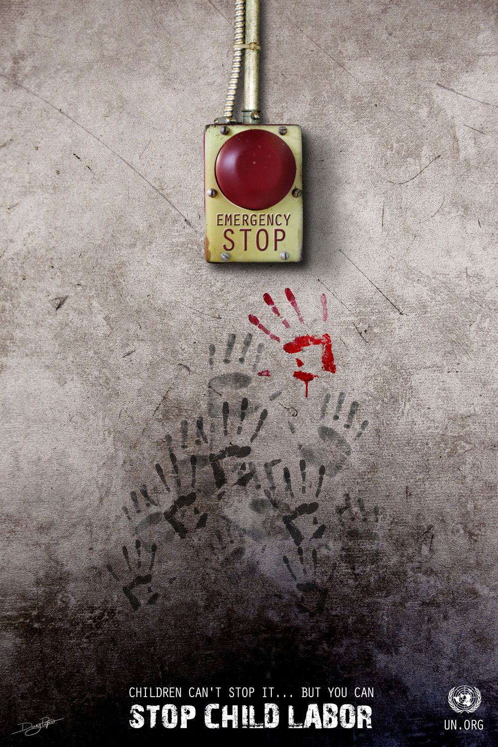 Poster: Emergency stop button above children’s handprints
