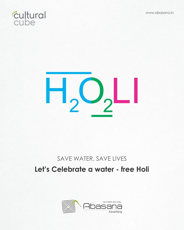 Holi creative ad: H2O2LI chemical-formula style Holi wordmark