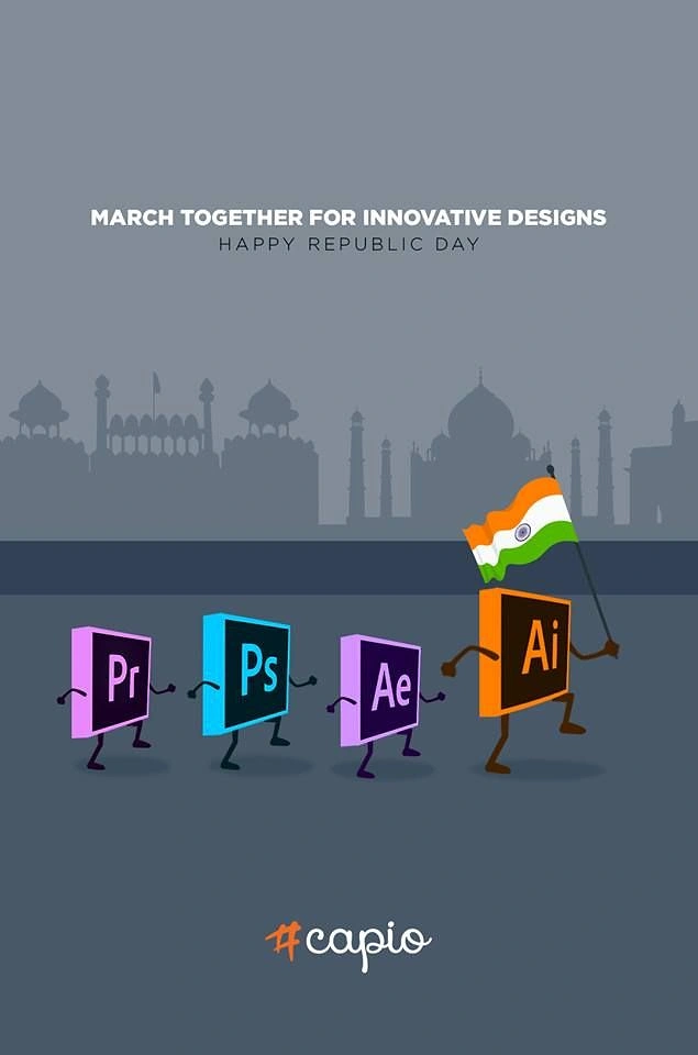Republic Day creative ad: Anthropomorphic design-software icons marching behind a flag bearer