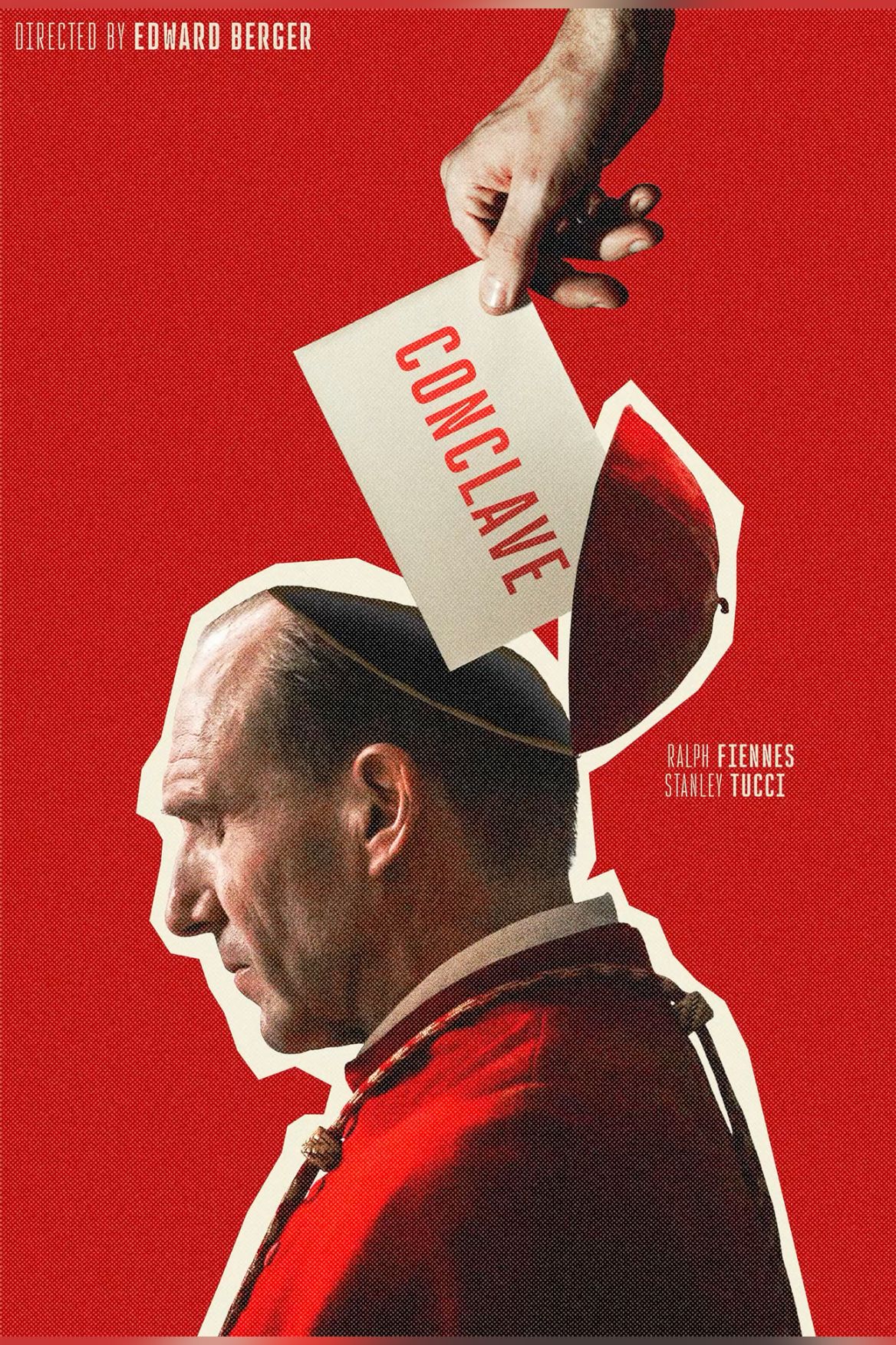 Poster: Cut-out cardinal profile with a hand dropping a ballot into his opened head