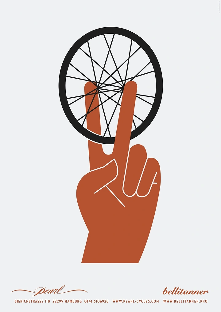 Bicycle Shops creative ad: Rust hand making peace sign holding a black bicycle wheel