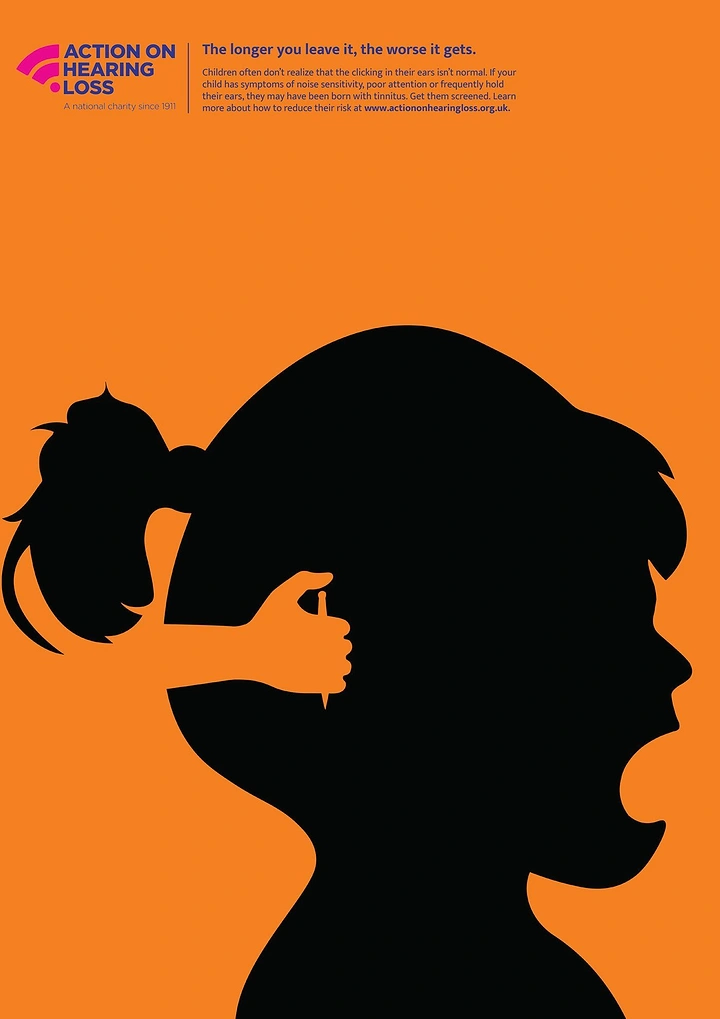 Hearing Aids creative ad: Silhouette hand-thumb forms ear gesture